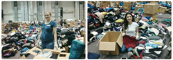 Folding donated clothes at Messehallen