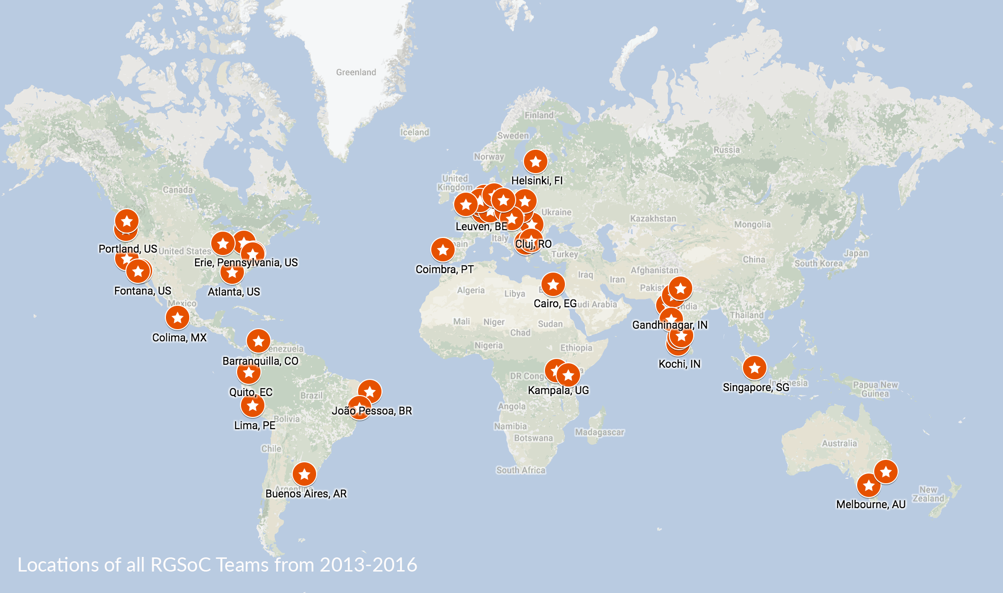 Map of team locations, 2013–2016